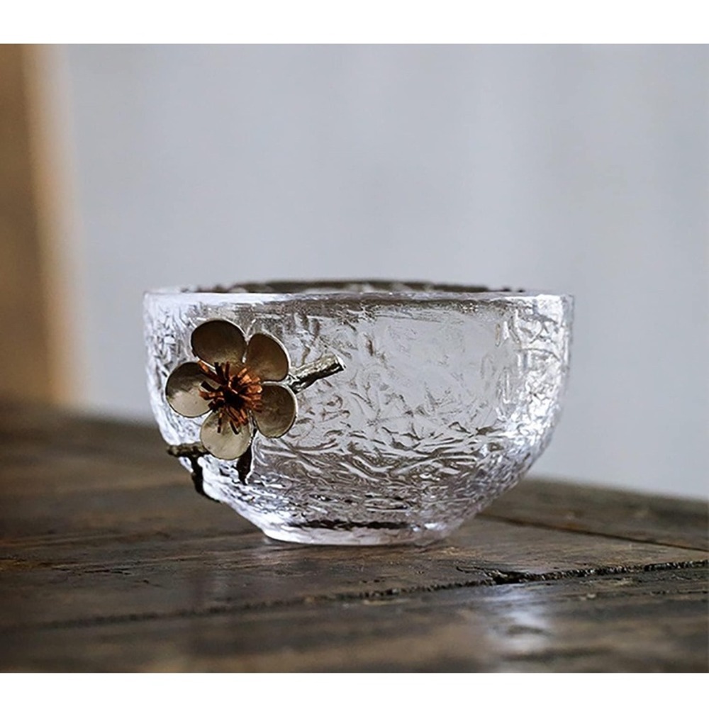 Zen Life‎ Artisan Crystal Glass Teacup (2) Metal Plum Blossom Accent- New in Box